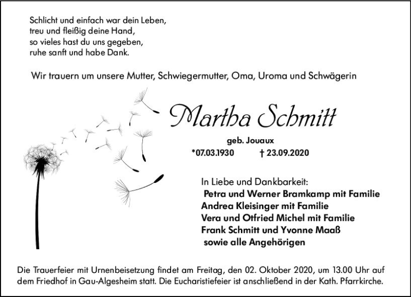  Traueranzeige für Martha Schmitt vom 26.09.2020 aus vrm-trauer