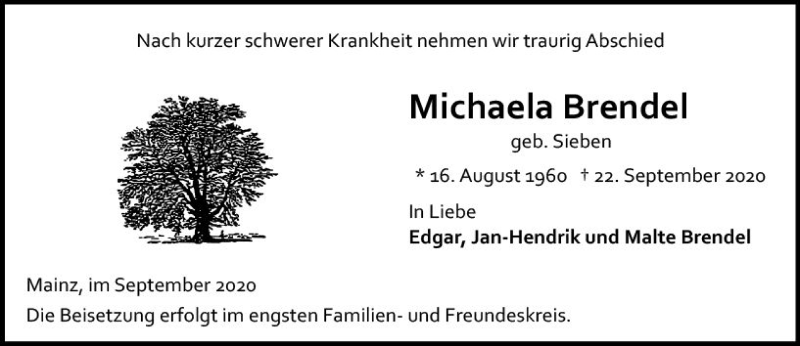  Traueranzeige für Michaela Brendel vom 26.09.2020 aus vrm-trauer