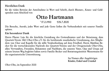 Traueranzeige von Otto Hartmann von vrm-trauer