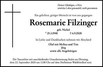 Traueranzeige von Rosemarie Filzinger von vrm-trauer