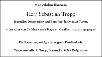 Traueranzeige von Sebastian Tropp von vrm-trauer