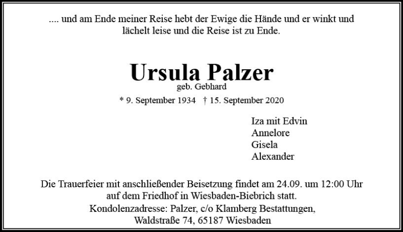  Traueranzeige für Ursula Patzer vom 19.09.2020 aus vrm-trauer