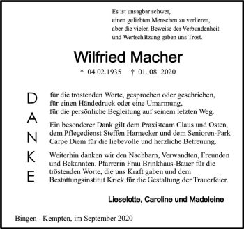 Traueranzeige von Wilfried Macher von vrm-trauer