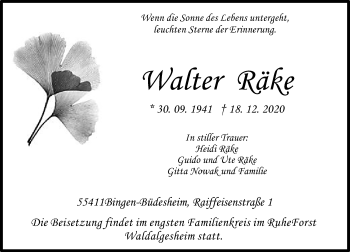 Traueranzeige von Walter Räke von VRM Tageszeitungen