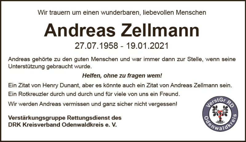  Traueranzeige für Andreas Zellmann vom 28.01.2021 aus vrm-trauer