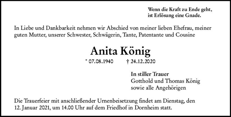  Traueranzeige für Anita König vom 09.01.2021 aus vrm-trauer