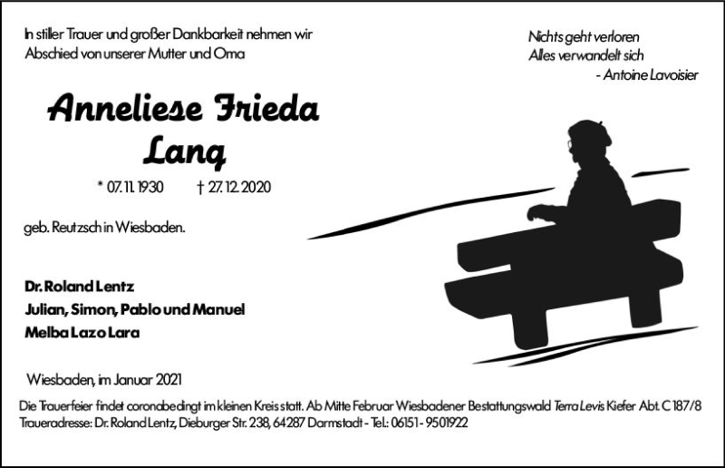  Traueranzeige für Anneliese Frieda Lang vom 23.01.2021 aus vrm-trauer