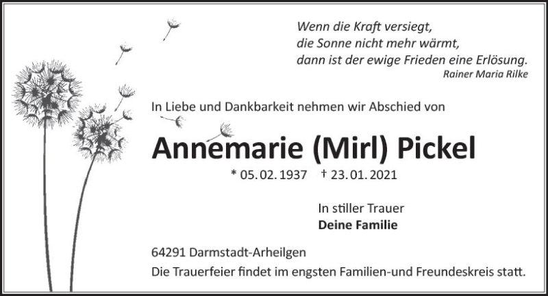  Traueranzeige für Annernarie Pickel vom 30.01.2021 aus vrm-trauer