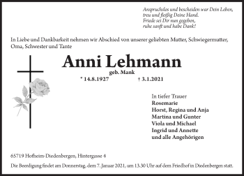 Traueranzeige von Anni Lehmann von vrm-trauer