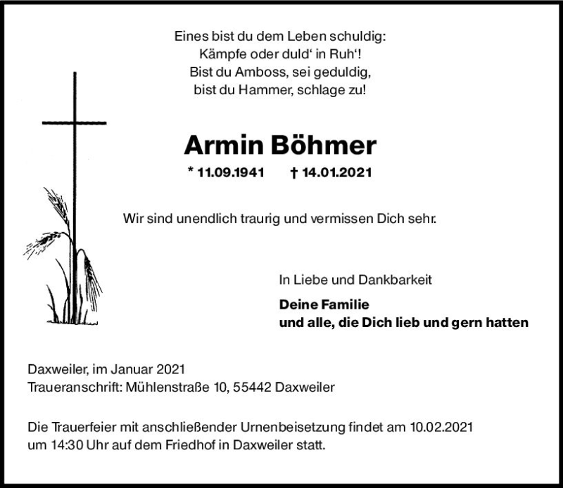  Traueranzeige für Armin Böhmer vom 30.01.2021 aus vrm-trauer