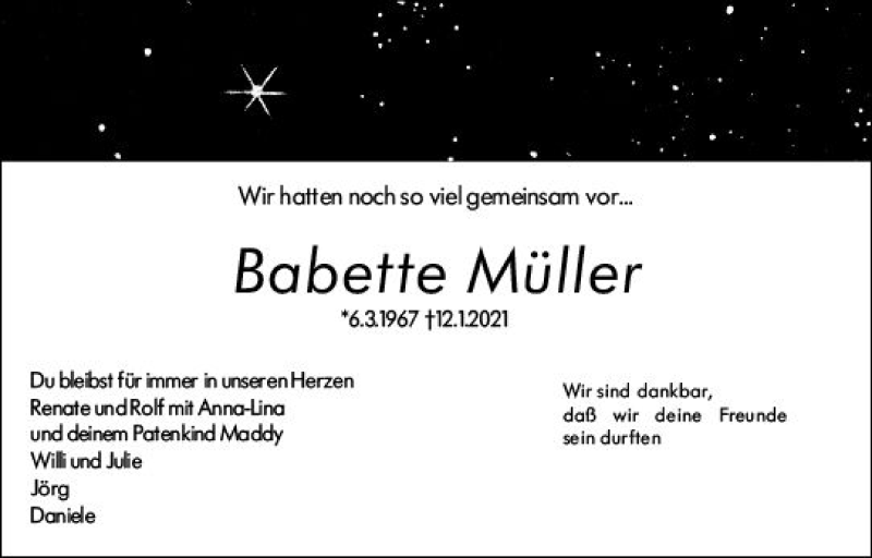  Traueranzeige für Babette Müller vom 15.01.2021 aus vrm-trauer