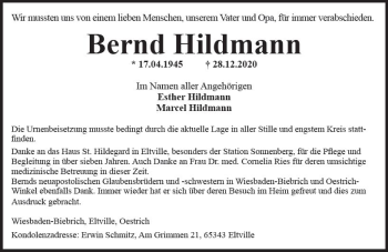 Traueranzeige von Bernd Hildmann von vrm-trauer