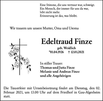 Traueranzeige von Edeltraud Finze von vrm-trauer