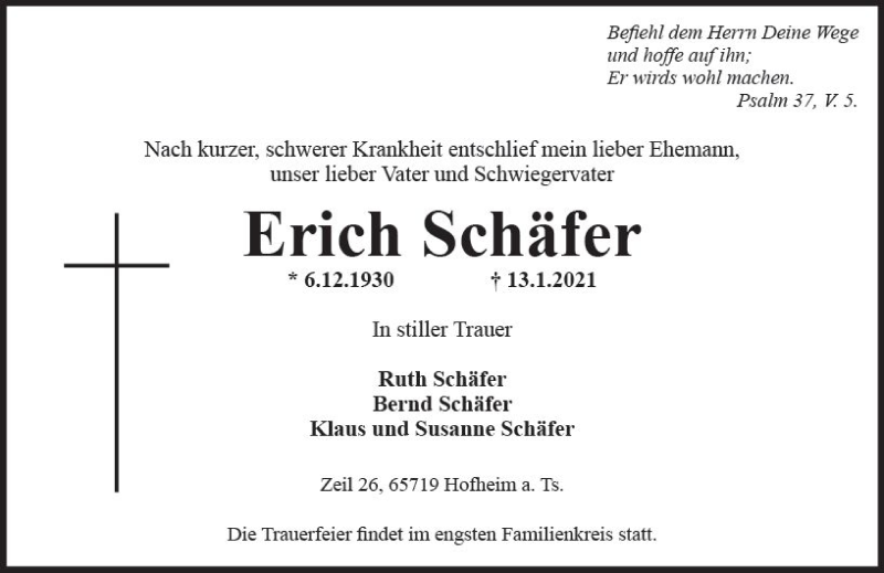  Traueranzeige für Erich Schäfer vom 19.01.2021 aus vrm-trauer
