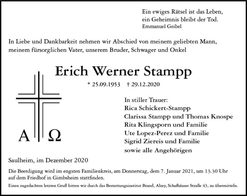  Traueranzeige für Erich Werner Stampp vom 02.01.2021 aus vrm-trauer