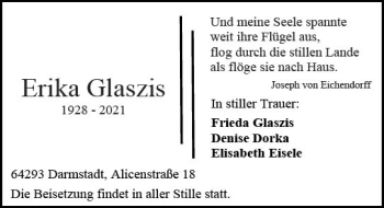 Traueranzeige von Erika Glaszis von vrm-trauer