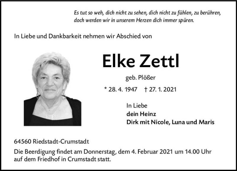  Traueranzeige für Elke Zettl vom 30.01.2021 aus vrm-trauer