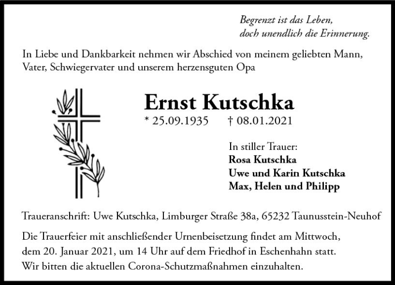  Traueranzeige für Ernst Kutschka vom 16.01.2021 aus vrm-trauer