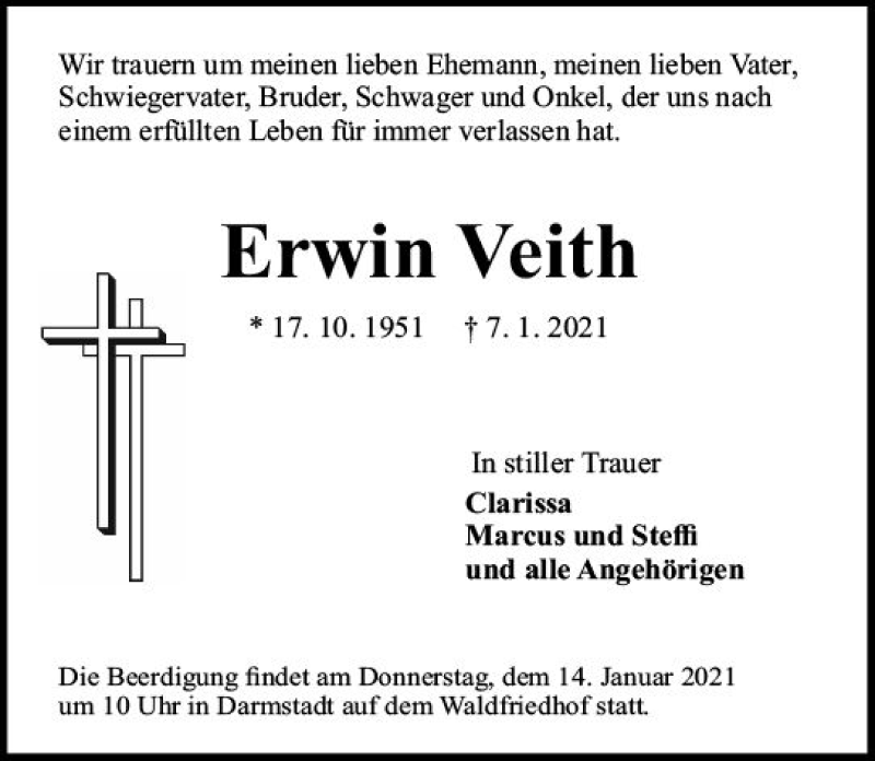  Traueranzeige für Erwin Veith vom 12.01.2021 aus vrm-trauer