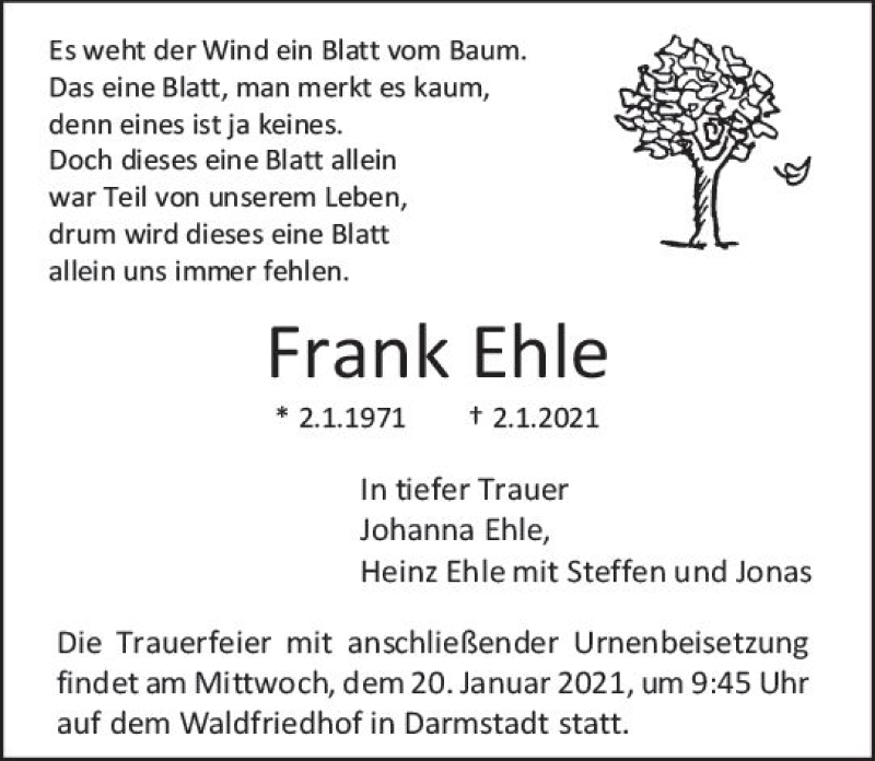  Traueranzeige für Frank Ehle vom 16.01.2021 aus vrm-trauer
