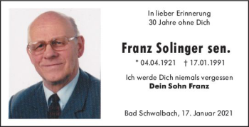 Traueranzeige von Franz Solinger sen. von vrm-trauer