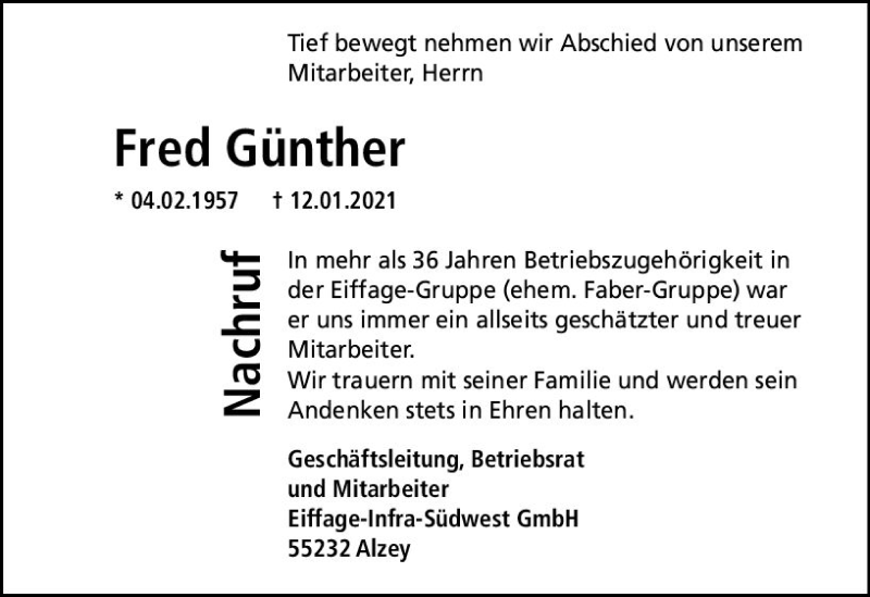  Traueranzeige für Fred Günther vom 16.01.2021 aus vrm-trauer