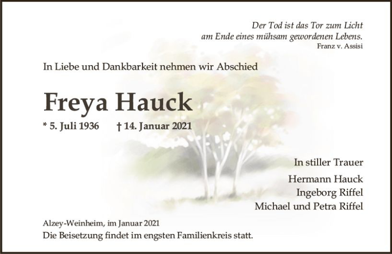  Traueranzeige für Freya Hauck vom 23.01.2021 aus vrm-trauer