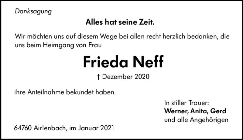  Traueranzeige für Frieda Neff vom 16.01.2021 aus vrm-trauer