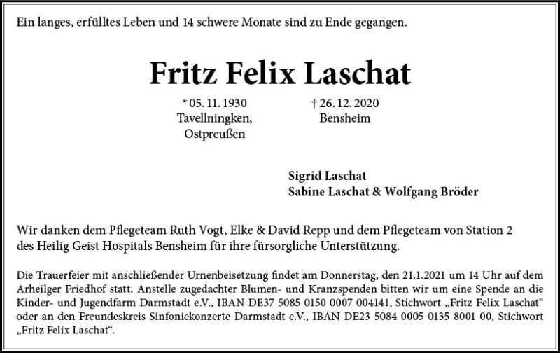  Traueranzeige für Fritz Felix Laschat vom 16.01.2021 aus vrm-trauer