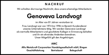 Traueranzeige von Genoveva Landvogt von vrm-trauer