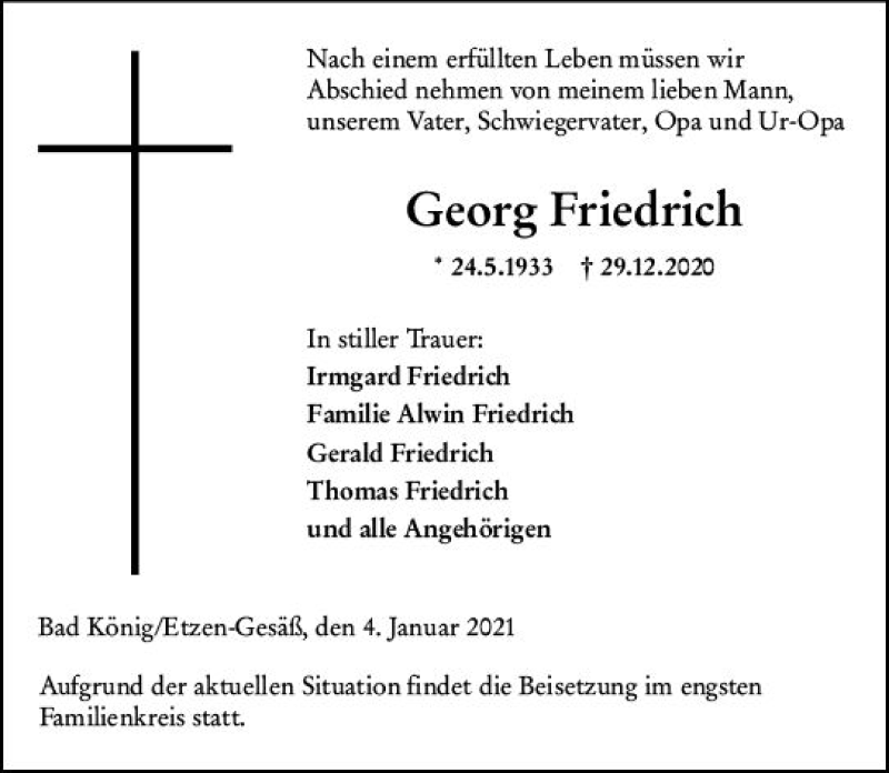  Traueranzeige für Georg Friedrich vom 16.01.2021 aus vrm-trauer