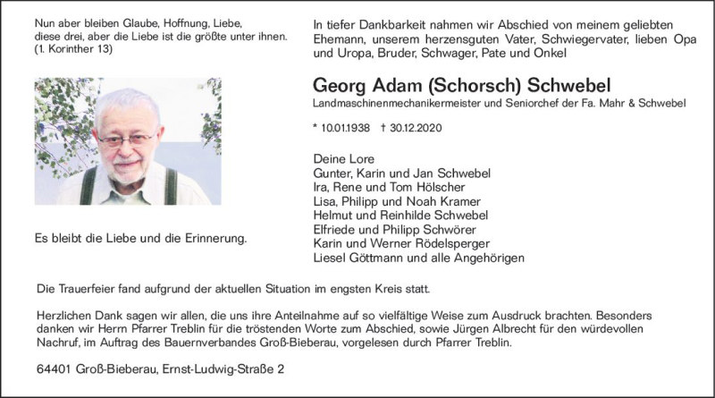  Traueranzeige für Georg Adam  Schwebel vom 09.01.2021 aus vrm-trauer