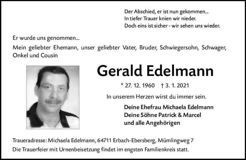  Traueranzeige für Gerald Edelmann vom 16.01.2021 aus vrm-trauer