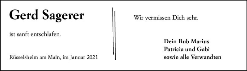  Traueranzeige für Gerd Sagerer vom 09.01.2021 aus vrm-trauer