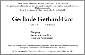 Traueranzeige von Gerlinde Gerhard-Erat von vrm-trauer
