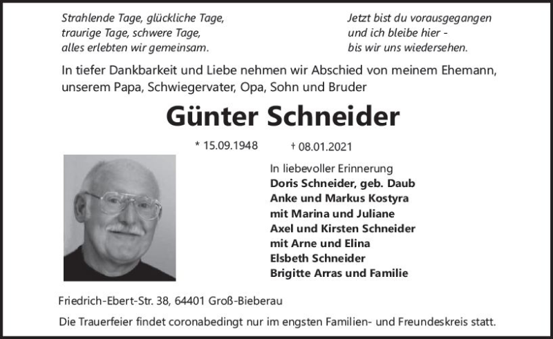  Traueranzeige für Günter Schneider vom 16.01.2021 aus vrm-trauer