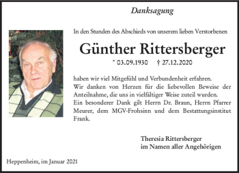Traueranzeige von Günther Rittersberger von vrm-trauer