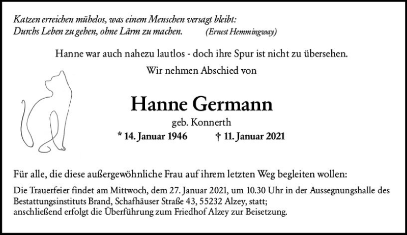  Traueranzeige für Hanne Germann vom 23.01.2021 aus vrm-trauer
