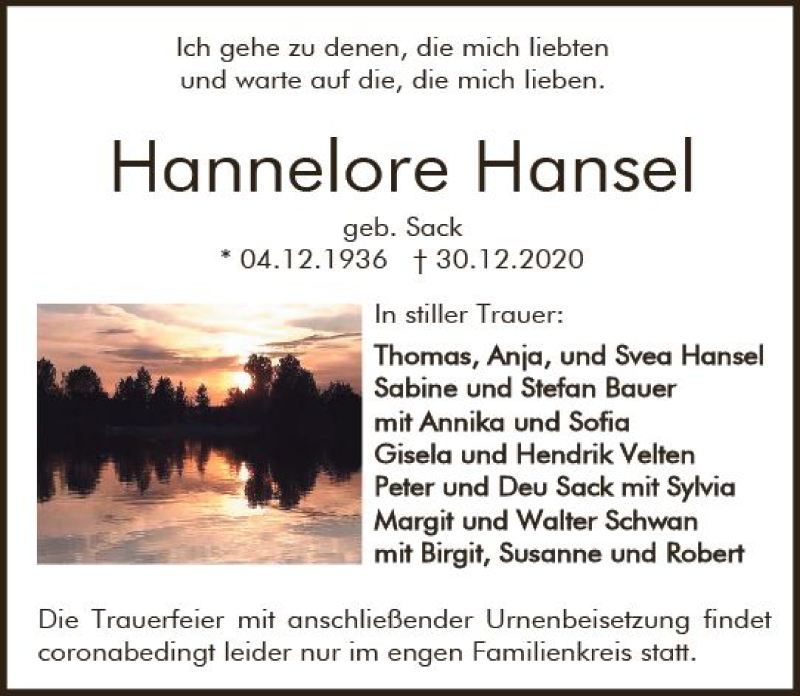  Traueranzeige für Hannelore Hansel vom 09.01.2021 aus vrm-trauer