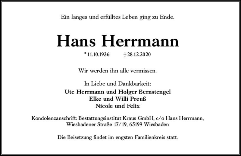  Traueranzeige für Hans Herrmann vom 02.01.2021 aus vrm-trauer
