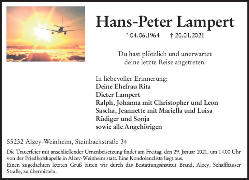  Traueranzeige für Hans-Peter Lampert vom 23.01.2021 aus vrm-trauer