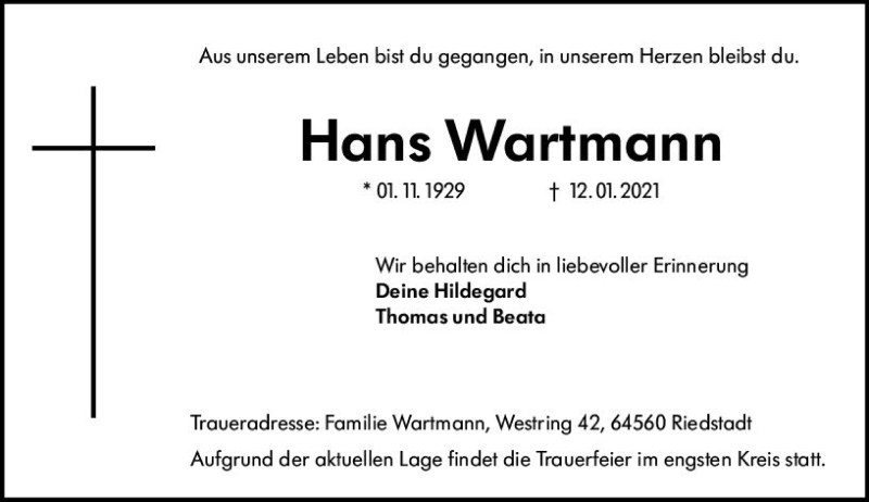  Traueranzeige für Hans Wartmann vom 16.01.2021 aus vrm-trauer