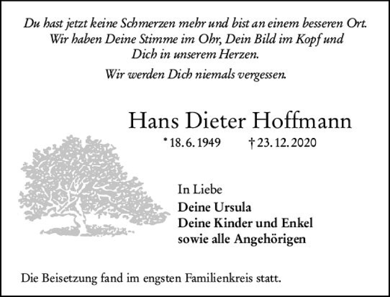  Traueranzeige für Hans Dieter Hoffmann vom 16.01.2021 aus vrm-trauer