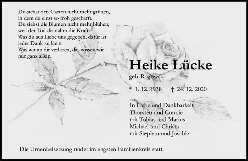  Traueranzeige für Heike Lücke vom 02.01.2021 aus vrm-trauer