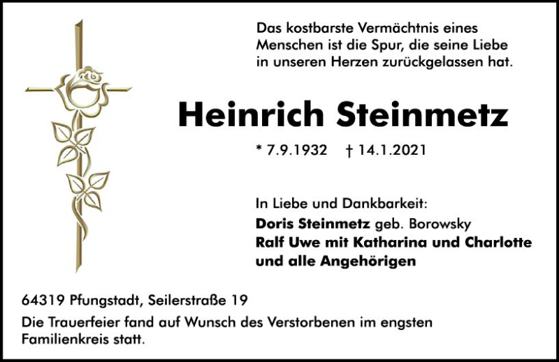  Traueranzeige für Heinrich Steinmetz vom 30.01.2021 aus vrm-trauer
