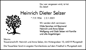 Traueranzeige von Heinrich Dieter Selzer von vrm-trauer