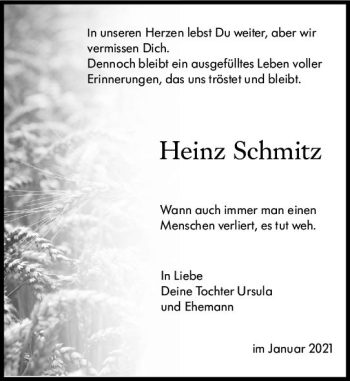 Traueranzeige von Heinz Schmitz von vrm-trauer