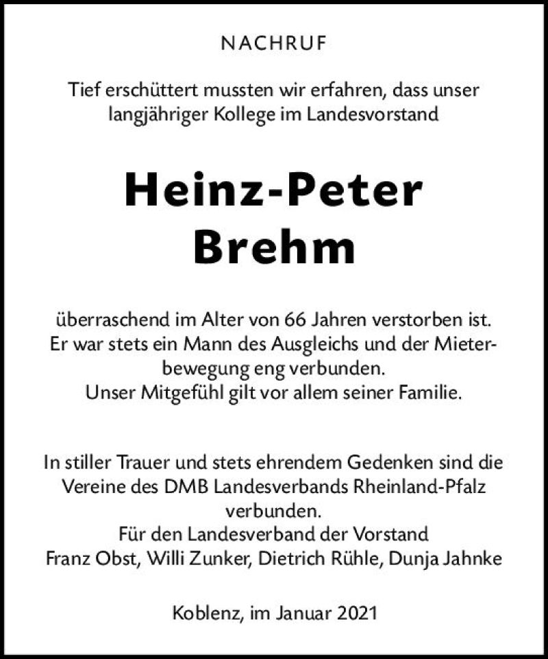  Traueranzeige für Heinz Peter Brehm vom 07.01.2021 aus vrm-trauer