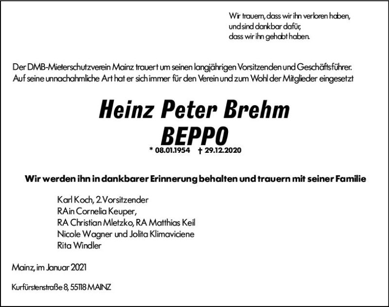  Traueranzeige für Heinz Peter Brehm vom 07.01.2021 aus vrm-trauer