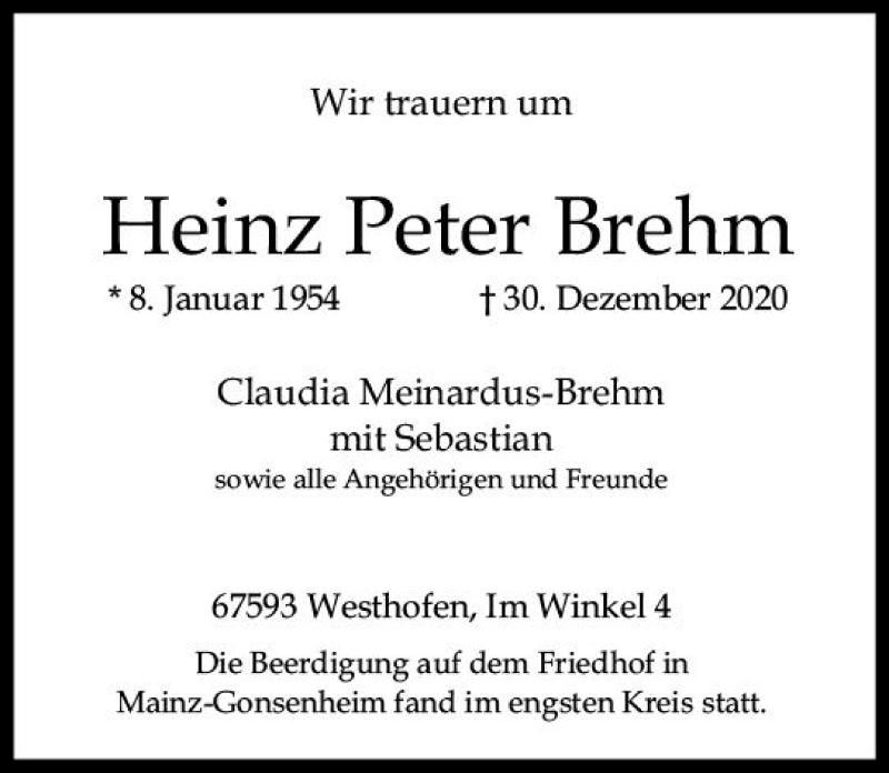  Traueranzeige für Heinz Peter Brehm vom 09.01.2021 aus vrm-trauer